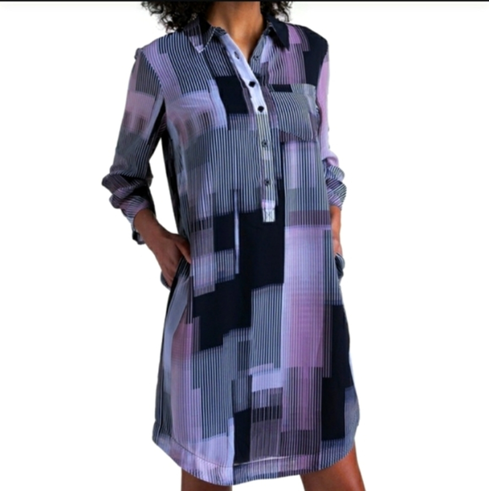 LS Button Front DigitalStripePrint Utility ShiftDress Black